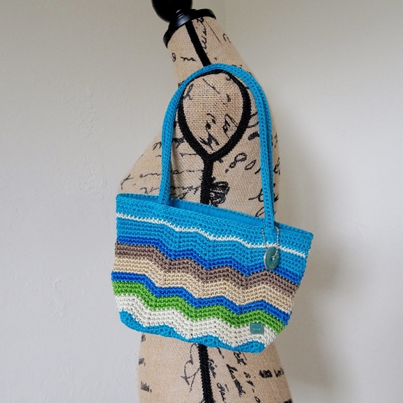The Sak Handbags - The Sak Small Blue Zig Zag Striped Crochet Lined Summer Beach Shoulder Bag